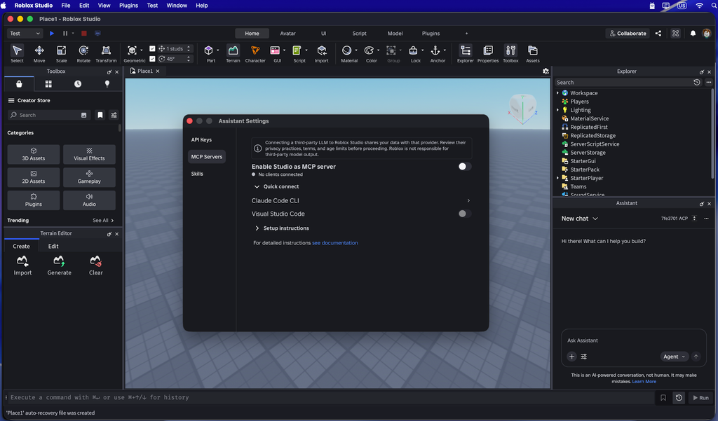Manage MCP Servers menu in Roblox Studio